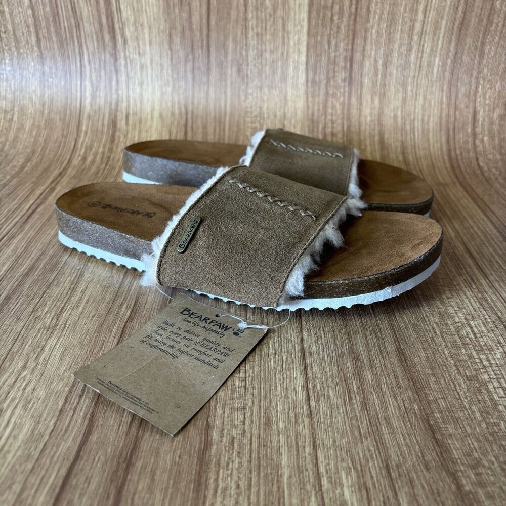 Bearpaw Bettina Faux Fur Chestnut Suede Leather Women's Sandals Size 9 Cozy Shoe
